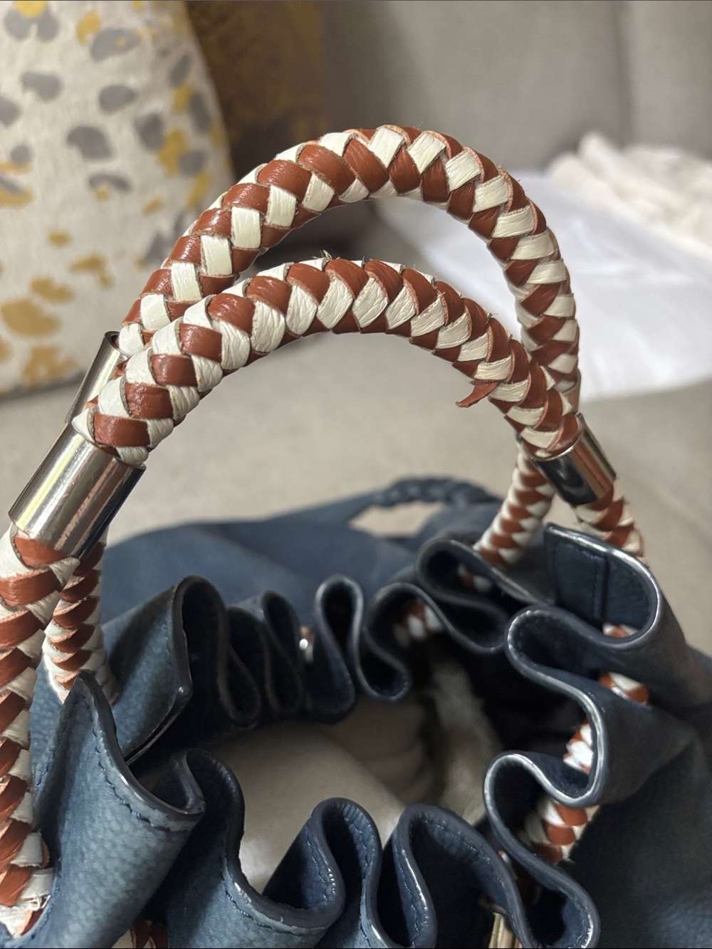 Zara. Leather Woven-Handle Drawstring Shoulder Bag in Navy - Picture 3 of 8